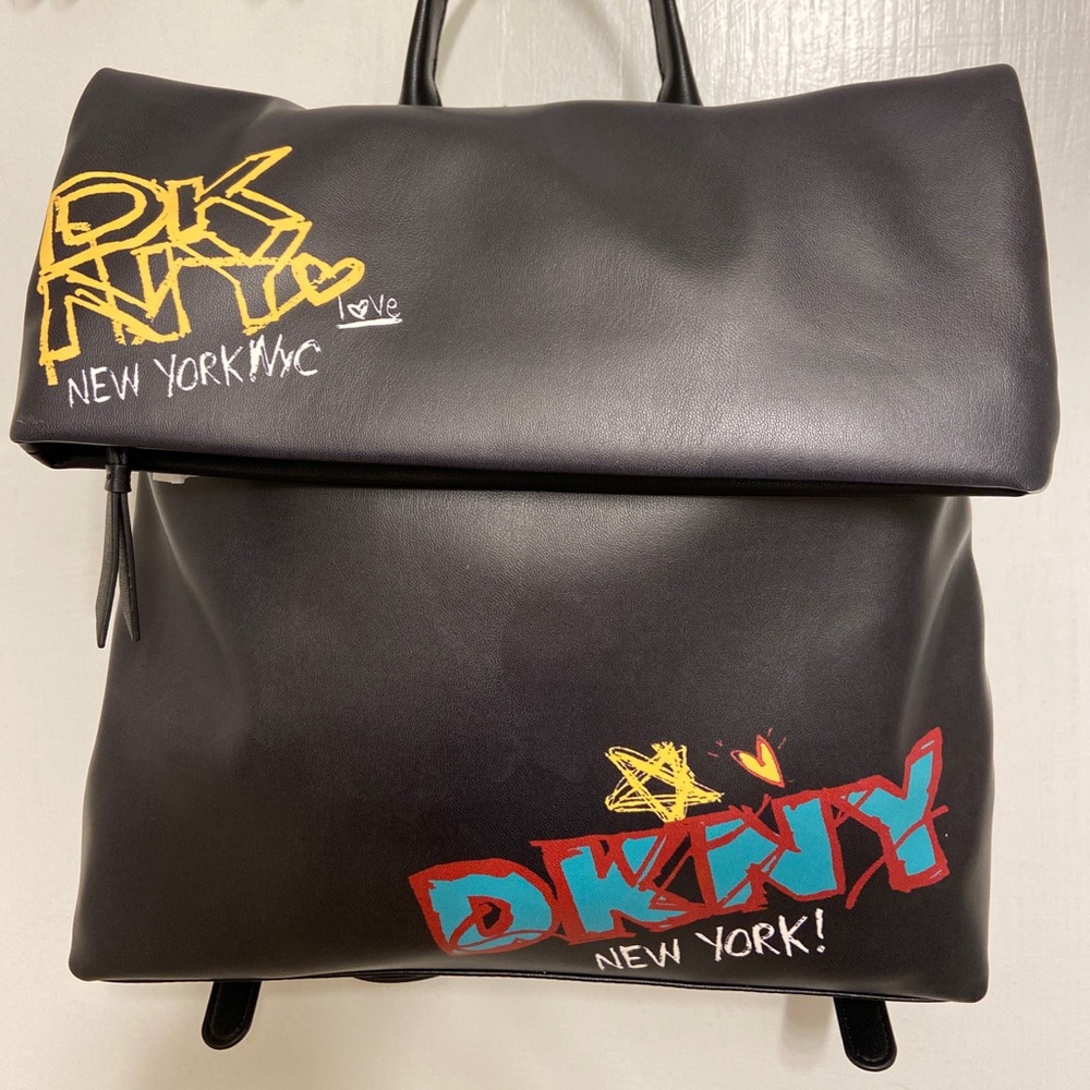 NWT DKNY TILLY Debossed Logo MEDIUM BACKPACK TOTE BAG BLACK FUAX LEATHER $168